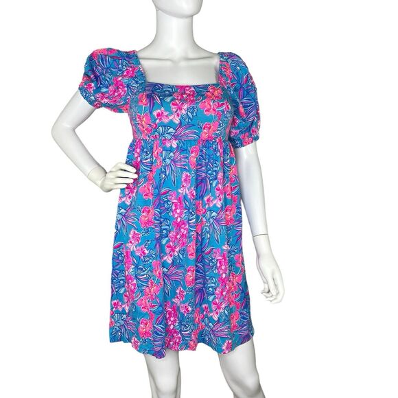 Lilly Pulitzer Size 0 Tunic Dress Babydoll Delaney Smocked Square Neck - Picture 2 of 9